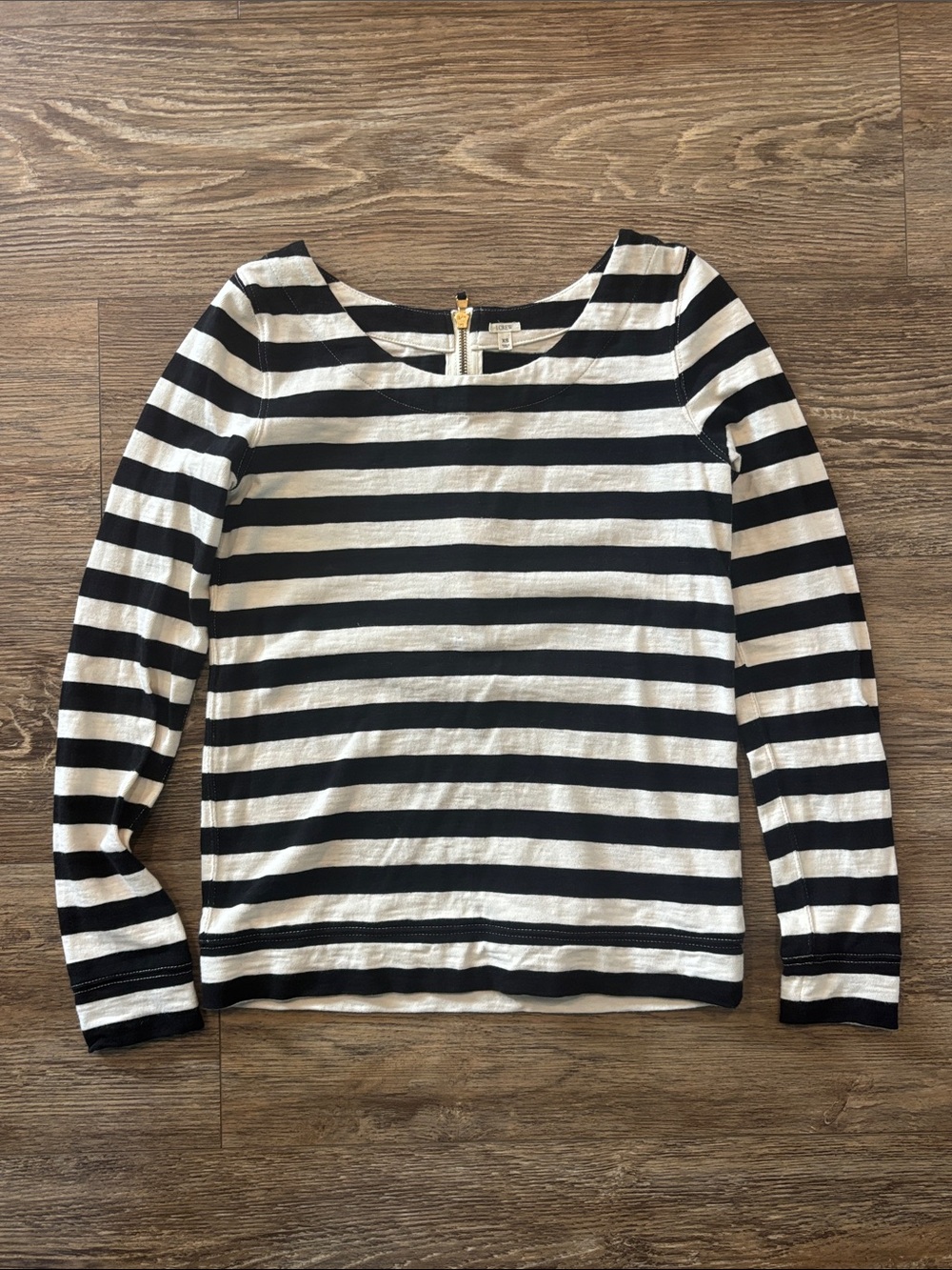 J. Crew Black & Cream Striped Round Neck Long Sleeve Shirt w/ Zip Womens Size XS